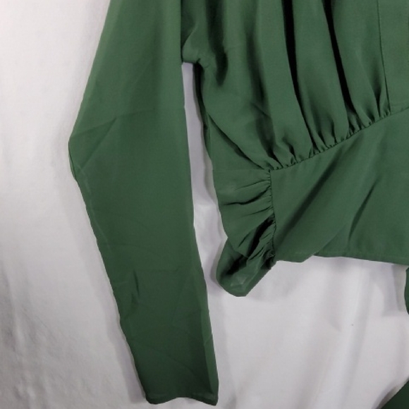 Elegant Forest Green V-Neck Blouse - Picture 4 of 11
